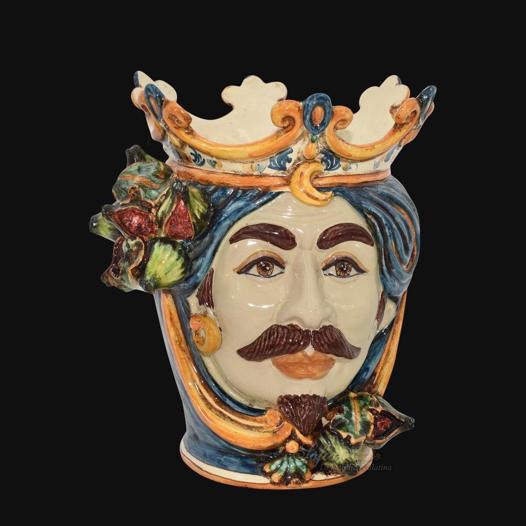 Handmade Sicilian Testa di Moro ceramic vase with crown, mustache, and fig details, vibrant colors