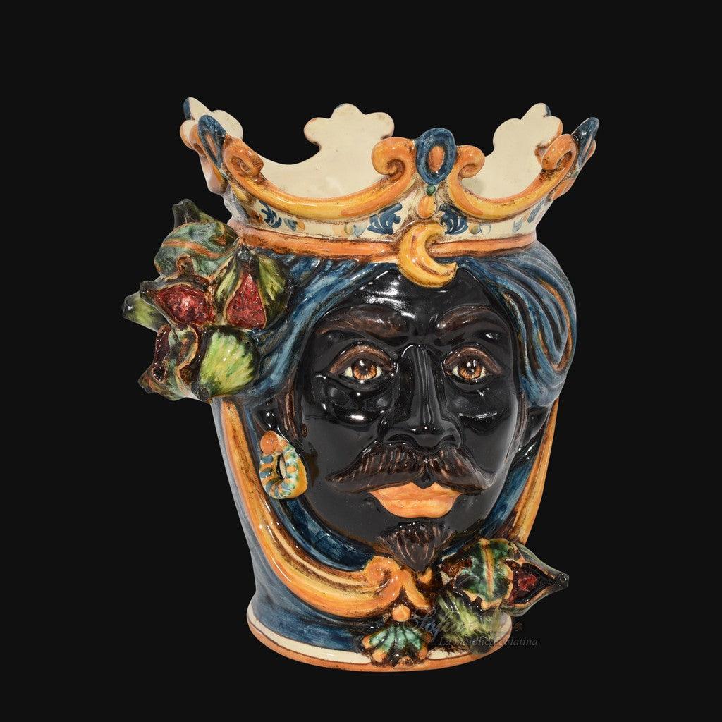 Handmade Teste di Moro ceramic vase with crown, vibrant colors, and floral details, blending tradition and modern design.