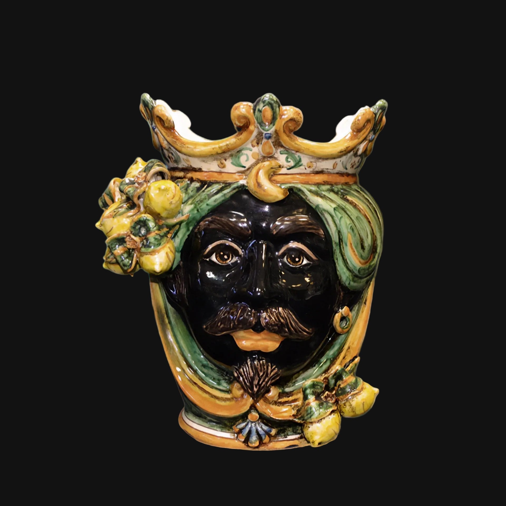 Handmade Teste di Moro ceramic vase with crown, green turban, and lemons, blending tradition and modern design.
