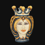Handmade ceramic Testa di Moro vase with crown, blue and gold details, traditional Sicilian design