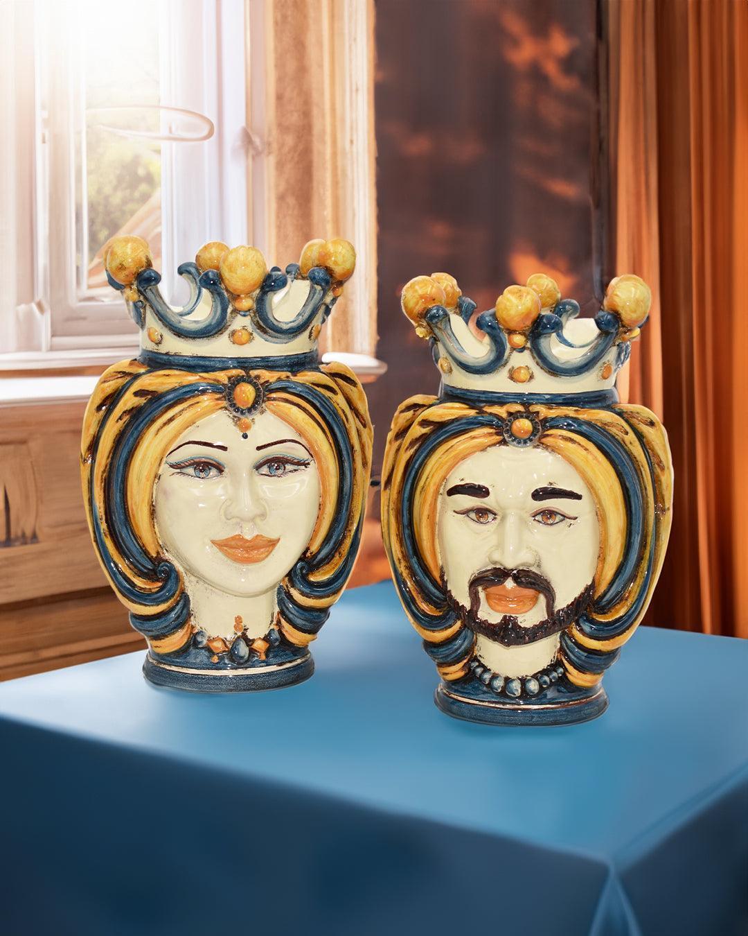 Handmade Teste di Moro ceramic vases with crowned male and female faces, blue and gold details, perfect home decor