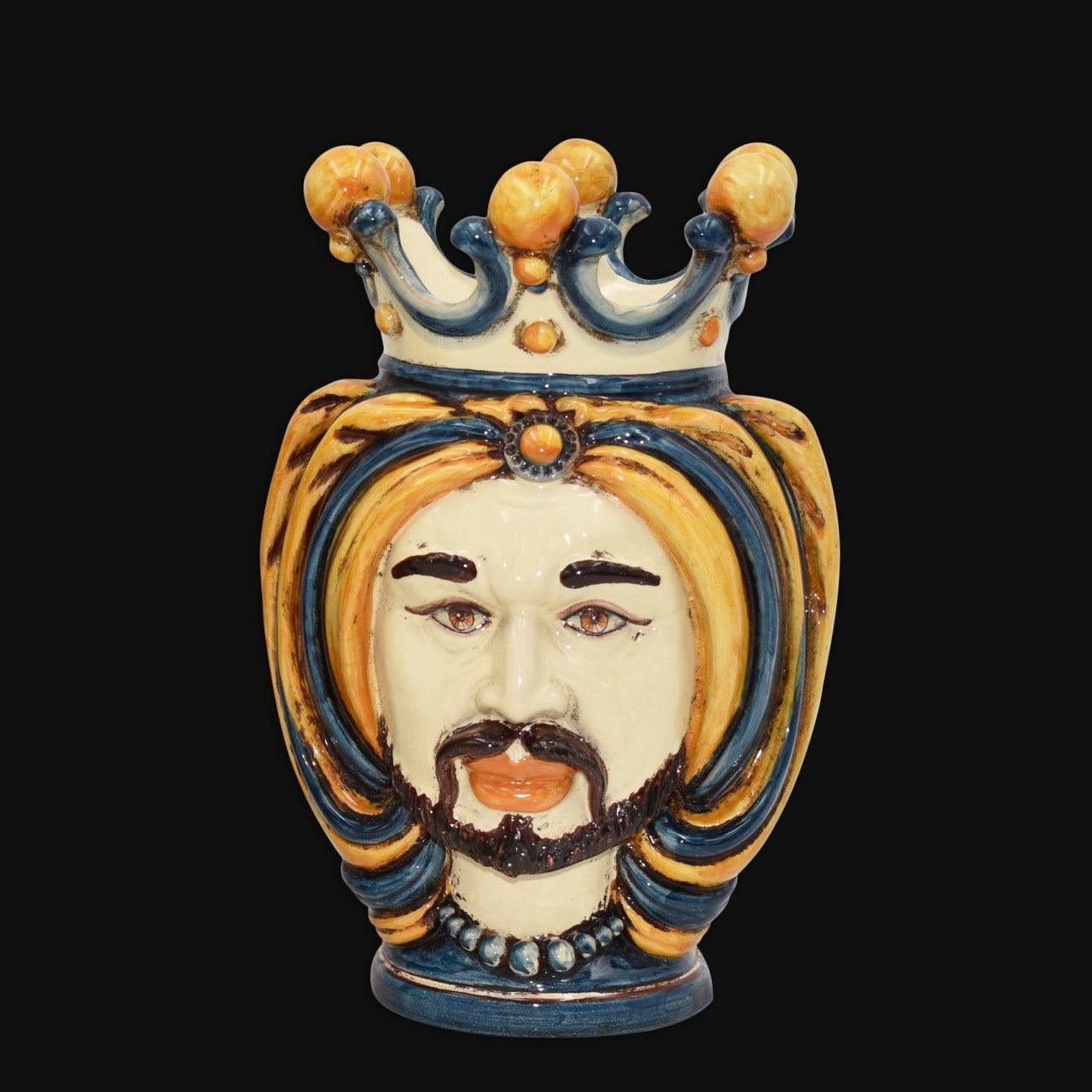 Handmade Testa di Moro ceramic vase with crown, featuring vibrant blue and gold details, perfect for modern or traditional decor.