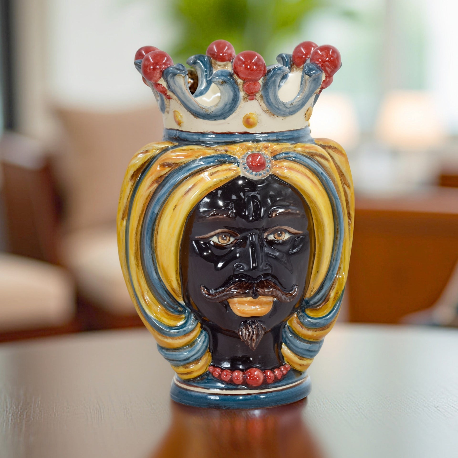 Handmade Teste di Moro ceramic vase with crown, vibrant colors, traditional Sicilian design for home decor