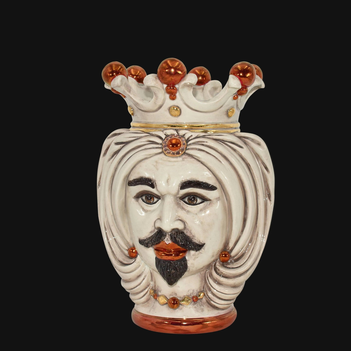 Testa di Moro con Turbante, Maschio Bianco, Madreperla Antichizzato Oro e Lustri, corona. Ceramiche Sofia, Caltagirone