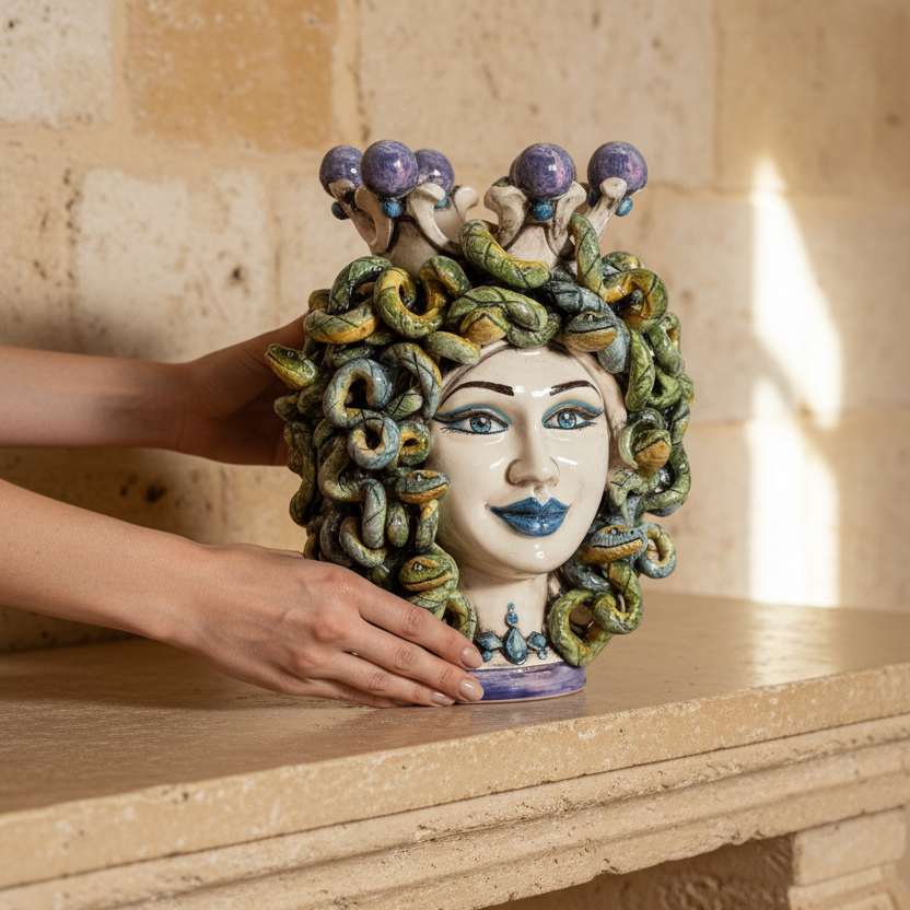 Handcrafted Teste di Moro ceramic head with serpent hair and purple crown, held on stone mantel