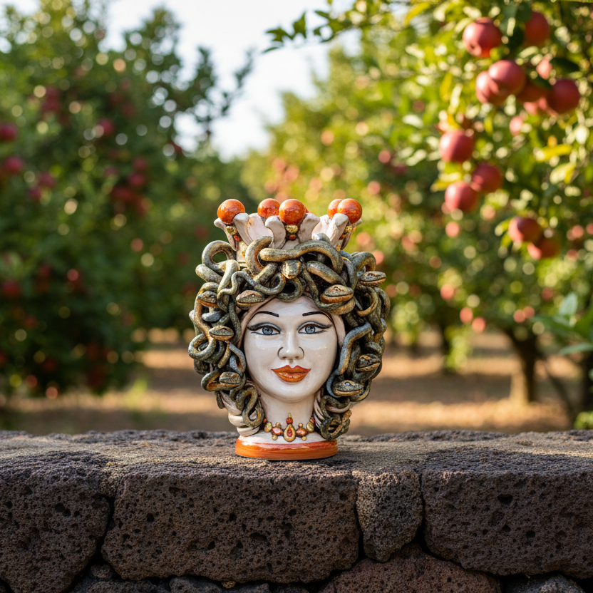 Handmade Teste di Moro ceramic sculpture with snake hair and fruit crown, set outdoors on stone wall