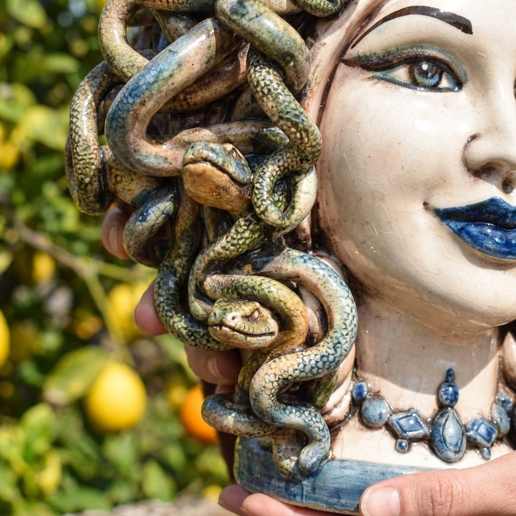 Handmade ceramic Medusa head vase with blue beaded necklace and detailed snake hair