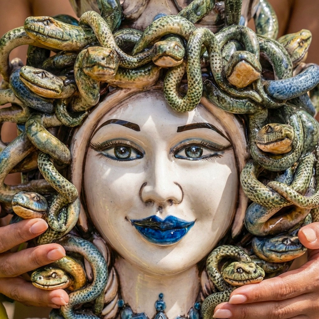 Handcrafted Teste di Moro ceramic with snake-adorned Medusa face, vibrant blue lips, traditional Sicilian art
