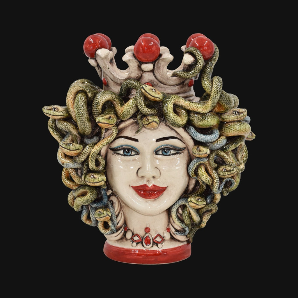 Handcrafted Teste di Moro ceramic with snake hair, red accents, and crown, blending tradition and modern design