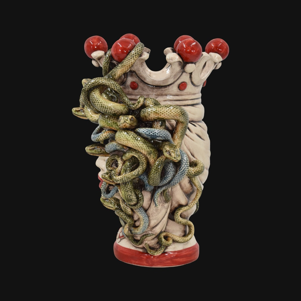 Handmade Teste di Moro vase with coiled snakes and red accents, blending tradition and modern design