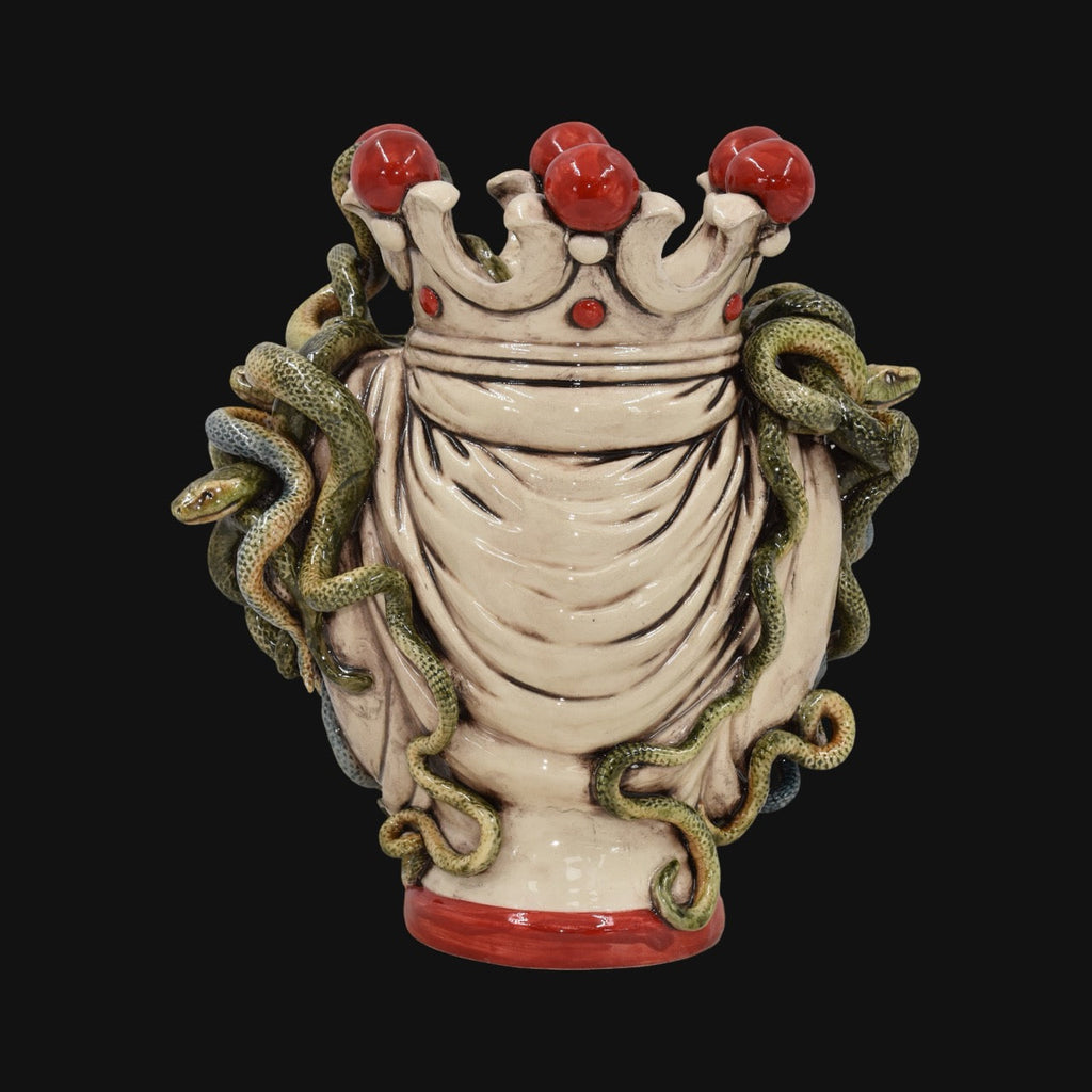 Handcrafted ceramic vase with crown and green snakes, red accents, blending tradition and modern design