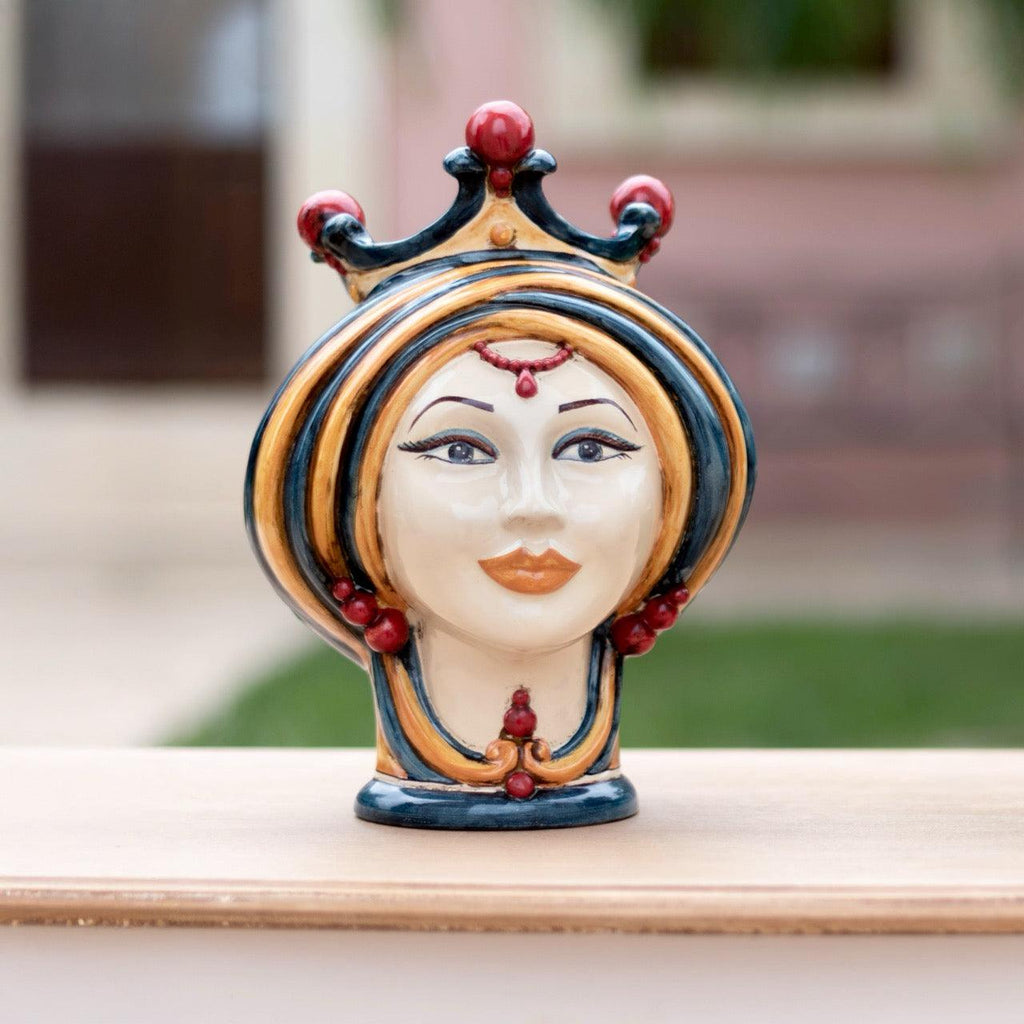 Handmade Teste di Moro ceramic bust with crown, vibrant colors, traditional Sicilian design for home decor