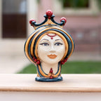 Handmade Teste di Moro ceramic bust with crown, vibrant colors, traditional Sicilian design for home decor