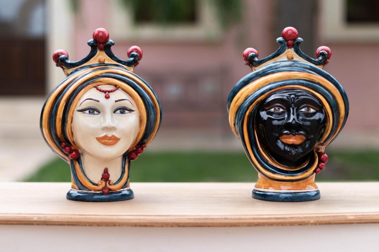 Handmade Teste di Moro ceramic sculptures, traditional Sicilian art with vibrant colors and crown details