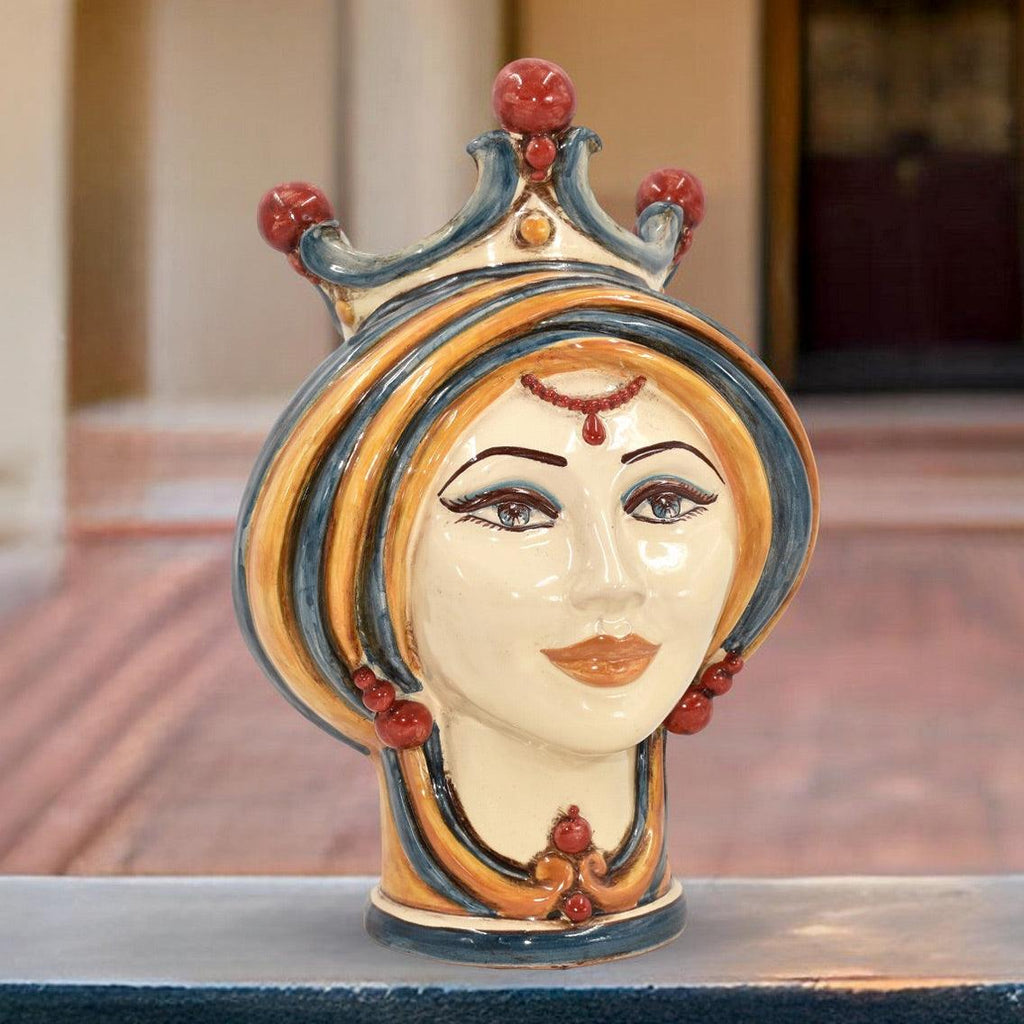 Handmade ceramic Teste di Moro with crown, vibrant colors, traditional Sicilian design for home decor