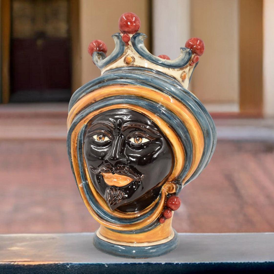 Handmade Teste di Moro ceramic vase with crown, vibrant blue and orange turban, traditional Sicilian decor