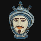 Handmade Teste di Moro ceramic sculpture with blue turban, mustache, and beard, traditional Sicilian decor
