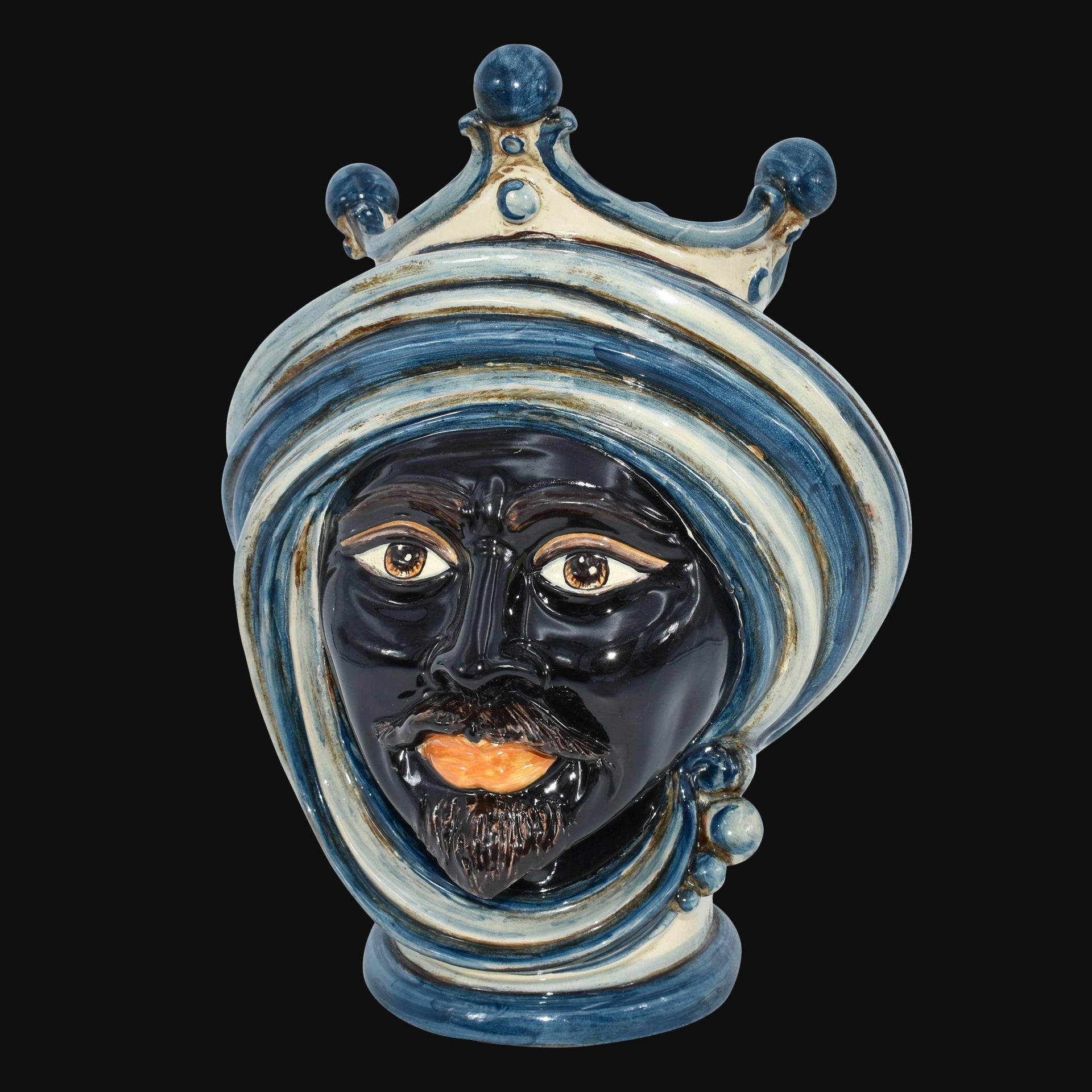 Handmade Teste di Moro ceramic face with blue and white turban, traditional Sicilian decor