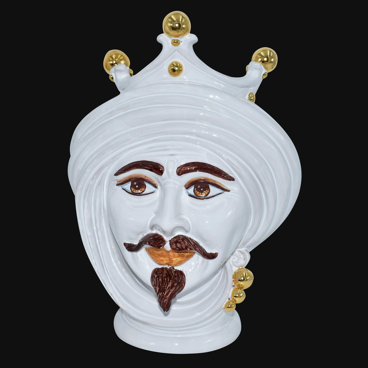 Testa di Moro, Uomo, White and Gold, dettagli dorati e barba marrone. Ceramica siciliana di Caltagirone, Sofia
