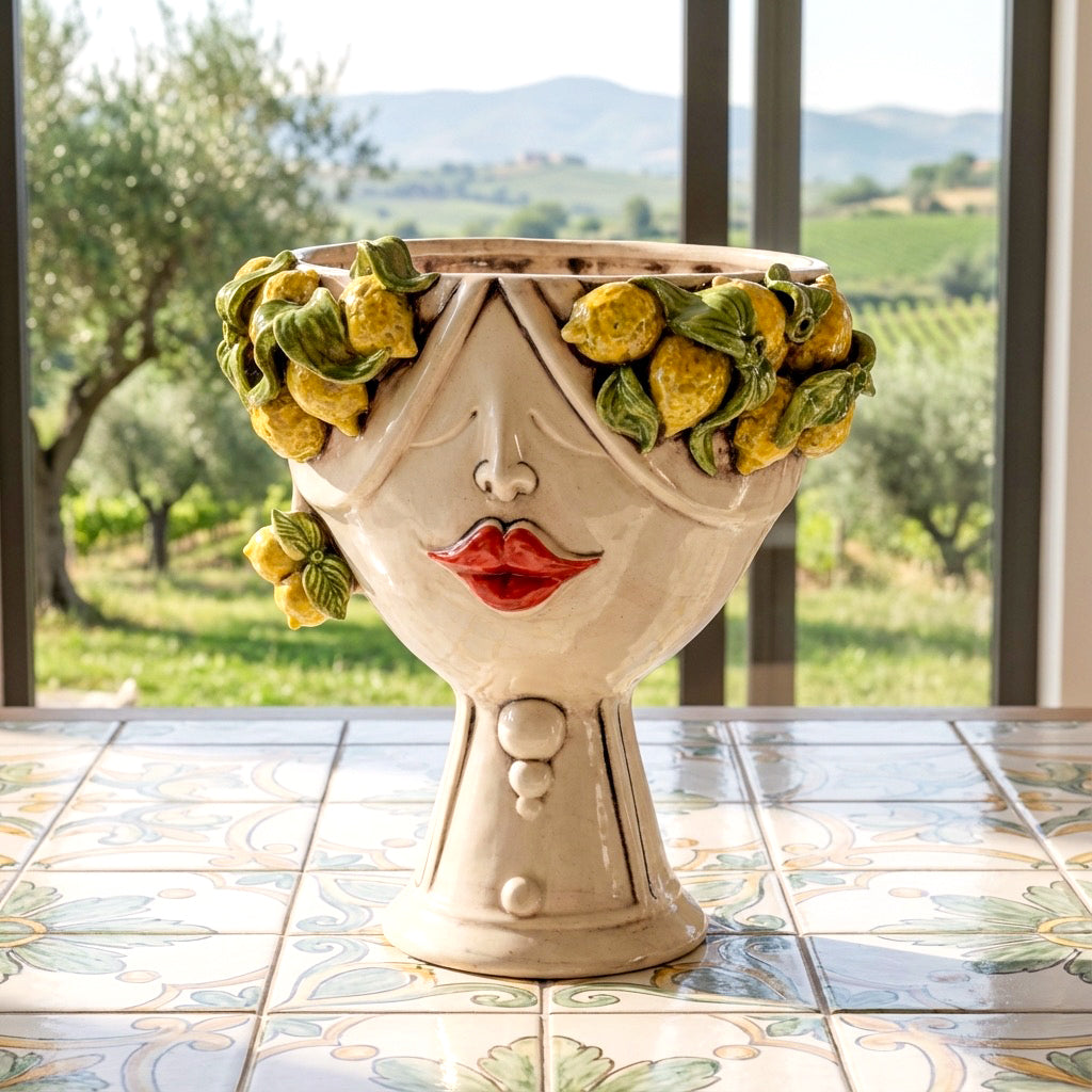 Handmade ceramic Teste di Moro planter with lemon-adorned face, perfect for modern Mediterranean decor