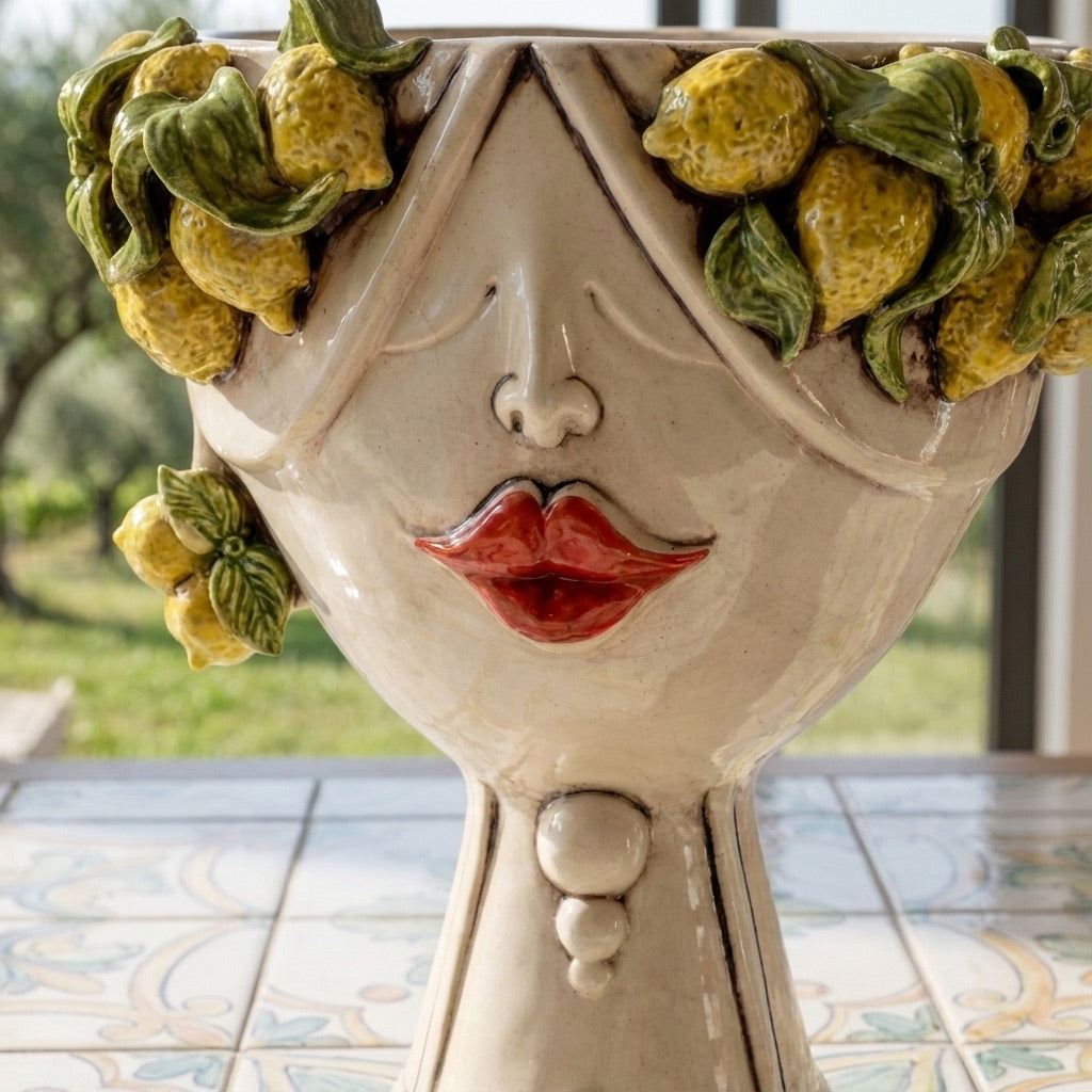 Handcrafted ceramic Teste di Moro planter with lemon-adorned face, blending Sicilian tradition and modern design.