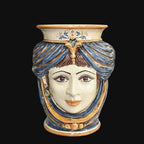 Handmade Teste di Moro vase with blue turban, ornate ceramic face, traditional Sicilian design