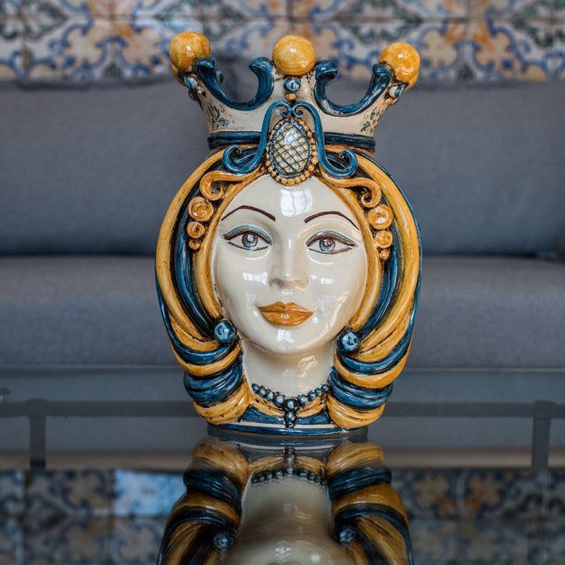 Handmade Teste di Moro ceramic vase with crown, blue and gold details, traditional Sicilian design