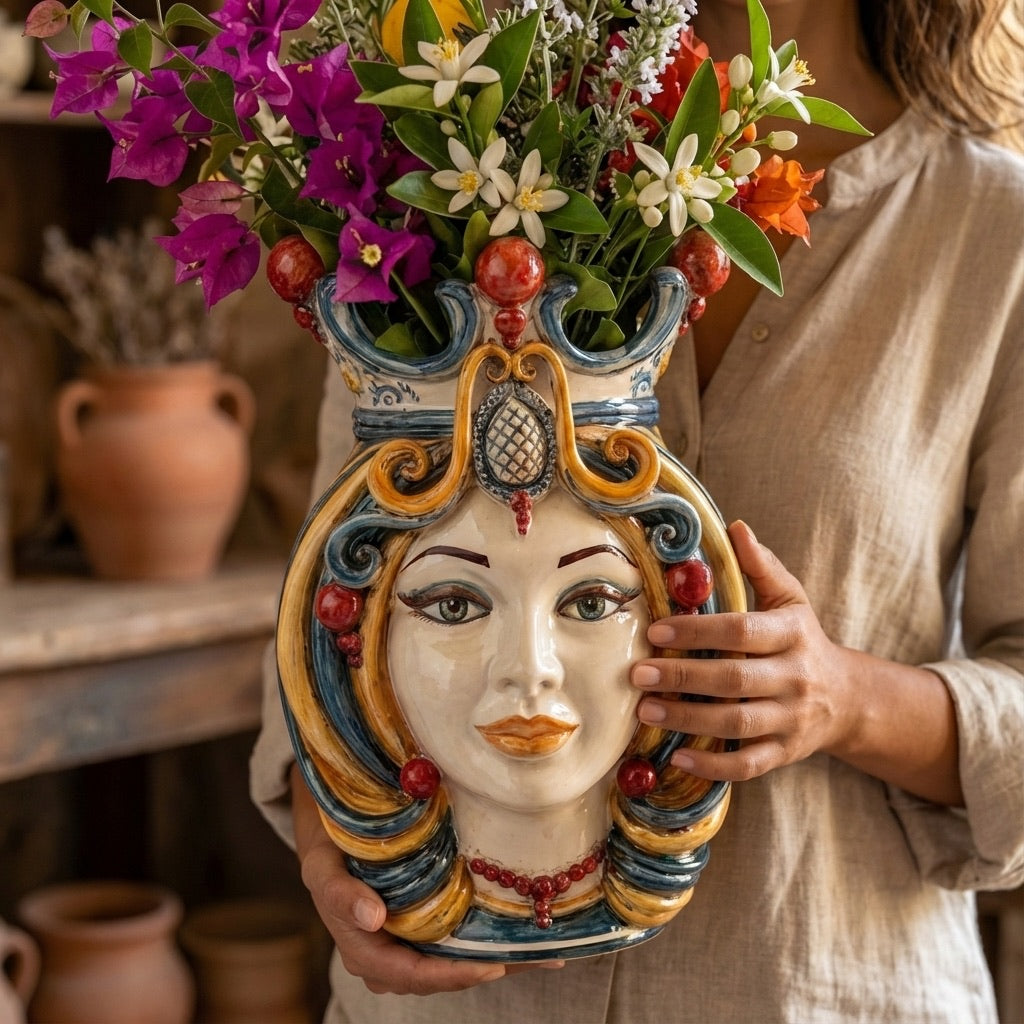 Hand-painted Teste di Moro vase with floral arrangement, showcasing Sicilian ceramic art and traditional design.