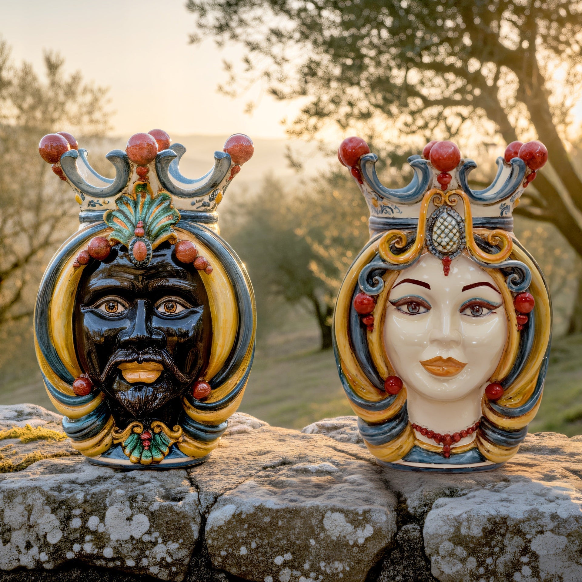 Handcrafted Teste di Moro ceramic faces with crowns, vibrant colors, set on stone wall at sunset