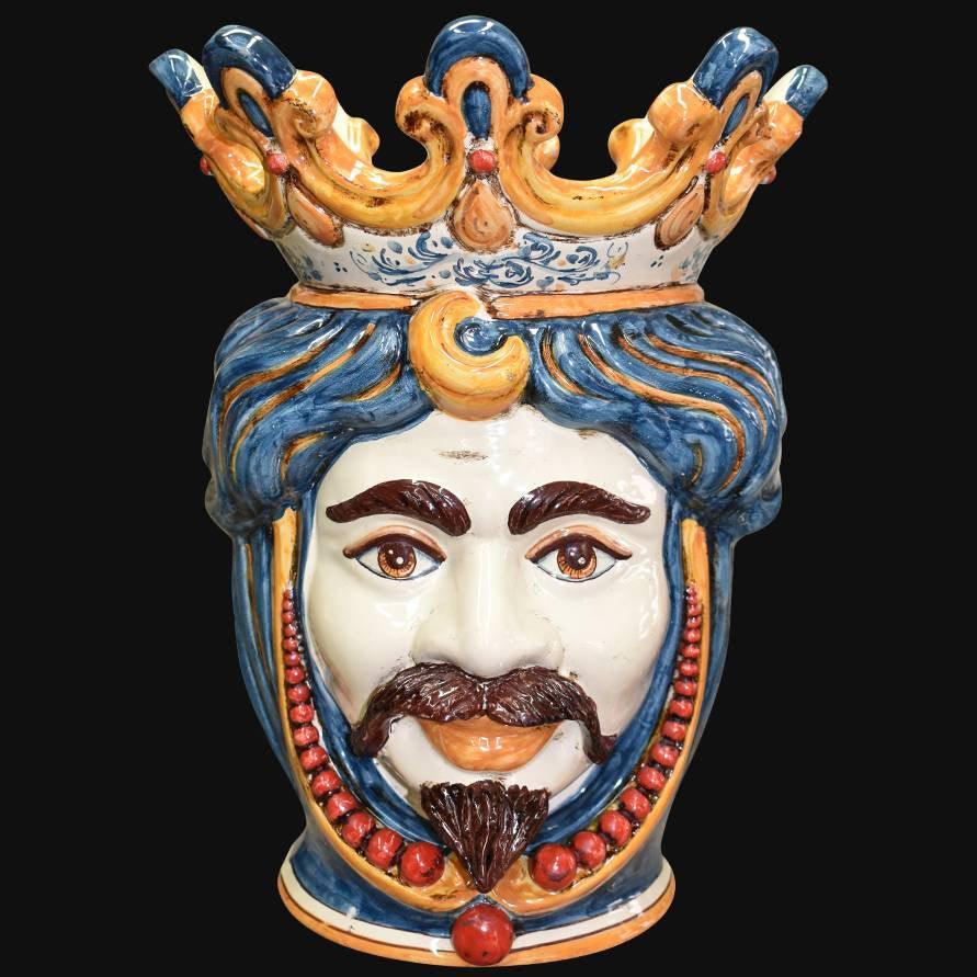Handcrafted Teste di Moro ceramic vase with crown, blue hair, and vibrant colors for modern decor