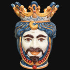 Handcrafted Teste di Moro ceramic vase with crown, blue hair, and vibrant colors for modern decor