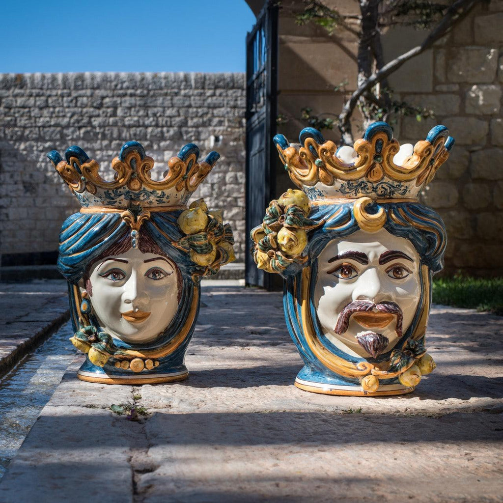 Handmade Sicilian Teste di Moro ceramic faces with crowns, outdoor garden decor, blue and gold details