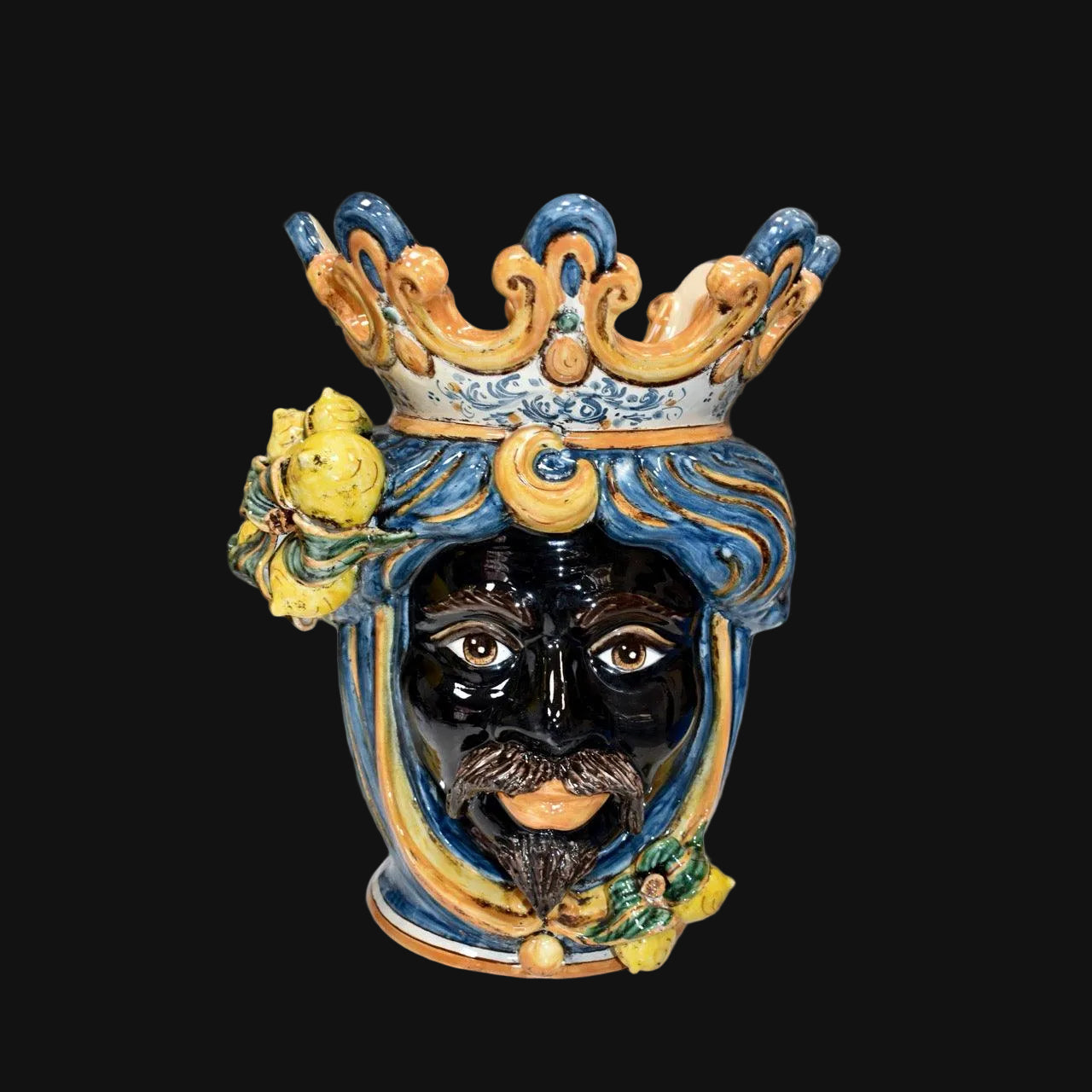 Handcrafted Teste di Moro ceramic vase with crown, lemons, and blue swirls, blending tradition and modern design.