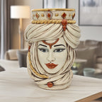 Handcrafted Teste di Moro ceramic vase with ornate turban, gold accents, and gemstone details for modern home decor