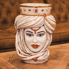 Handcrafted Teste di Moro ceramic vase with ornate crown and turban, blending tradition and modern design.