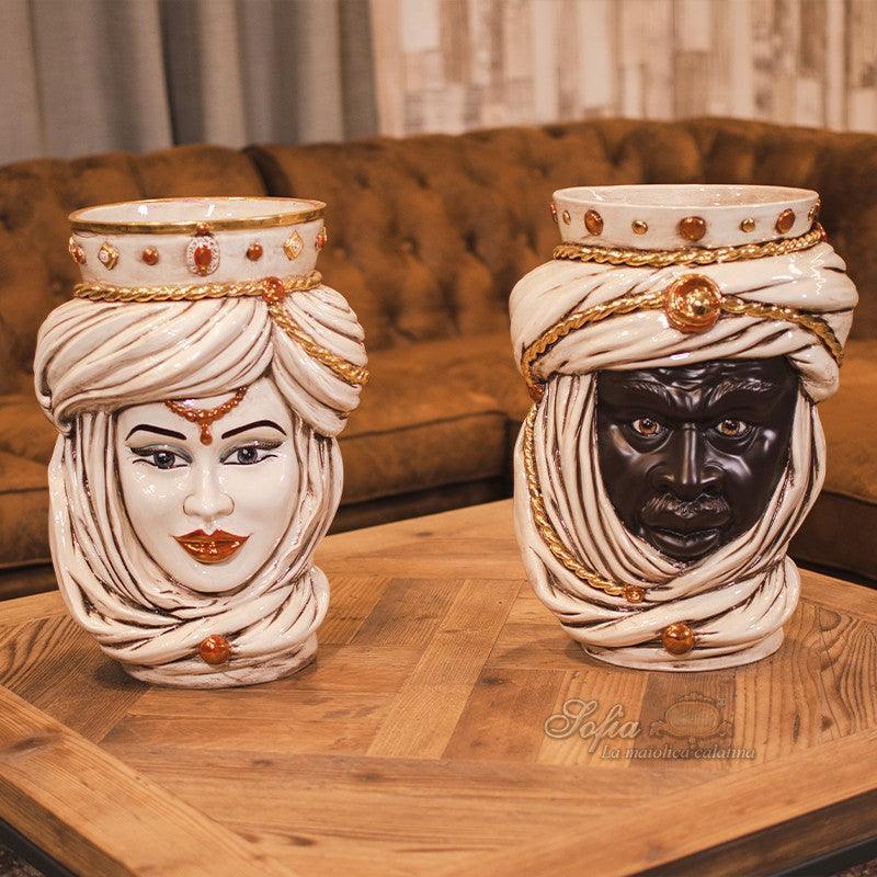 Handmade Teste di Moro ceramic vases with ornate turbans, perfect for modern or traditional home decor