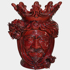 Ceramica di Caltagirone fatta a mano, volto regale rosso con corona e dettagli artigianali