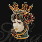 Ceramiche di Caltagirone fatti a mano: testa femminile con corona e fiori, arte tradizionale siciliana