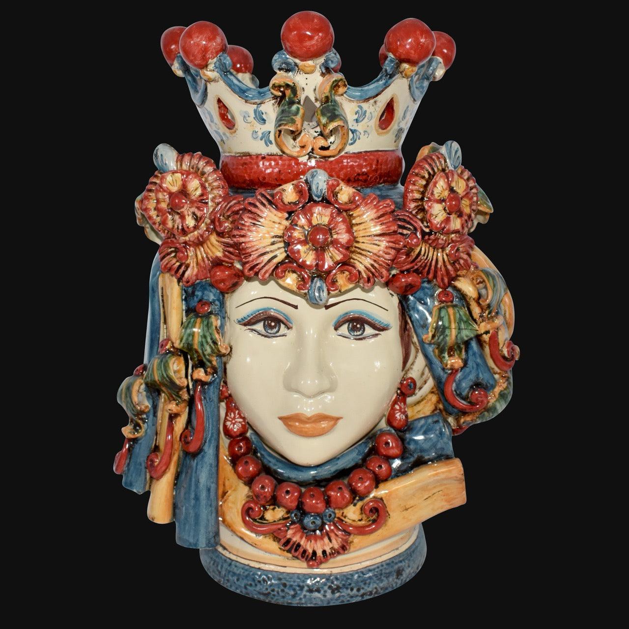 Handcrafted Sicilian female ceramic head vase with ornate crown and floral decorations