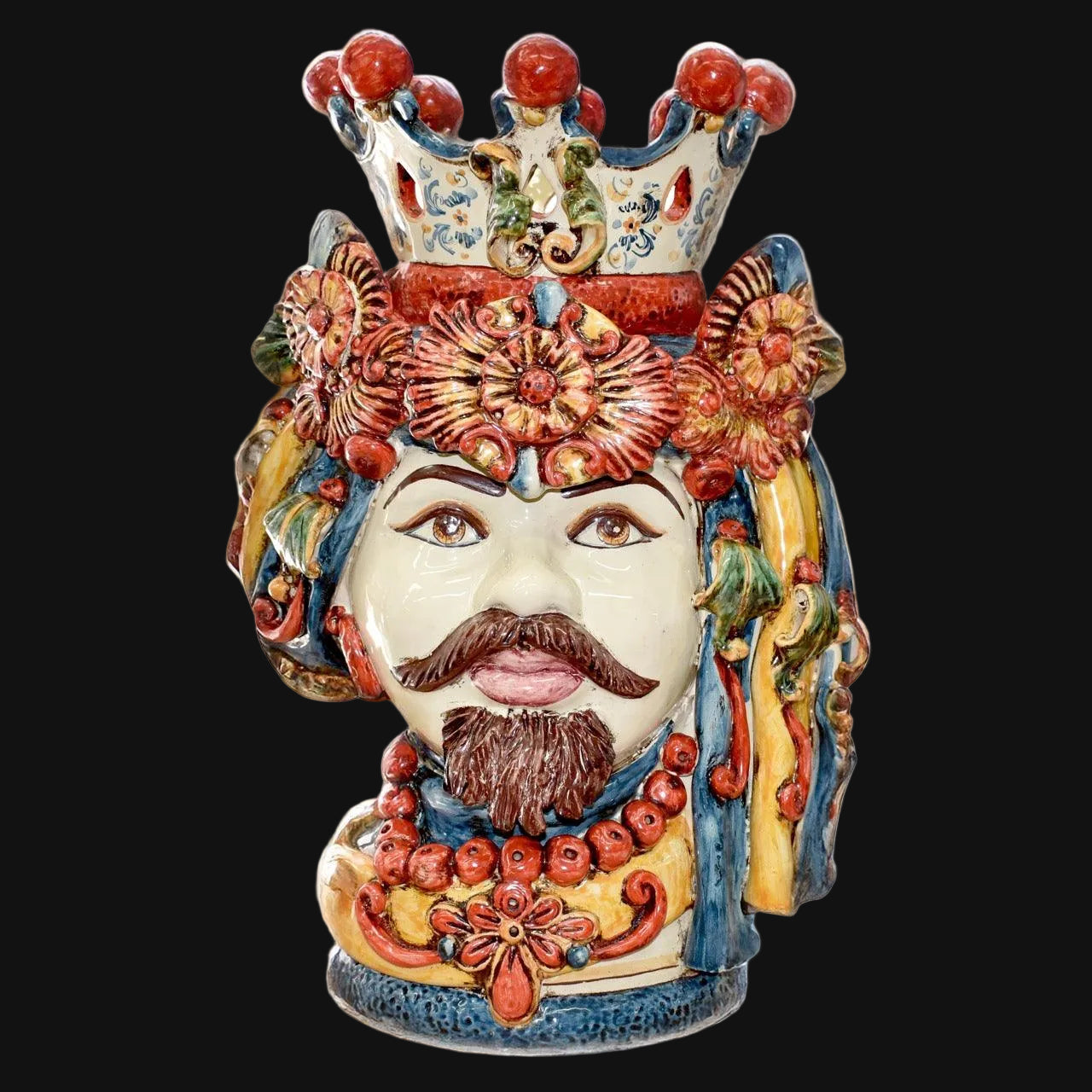 Handmade Sicilian Testa di Moro with crown, floral details, and vibrant colors, traditional ceramic art