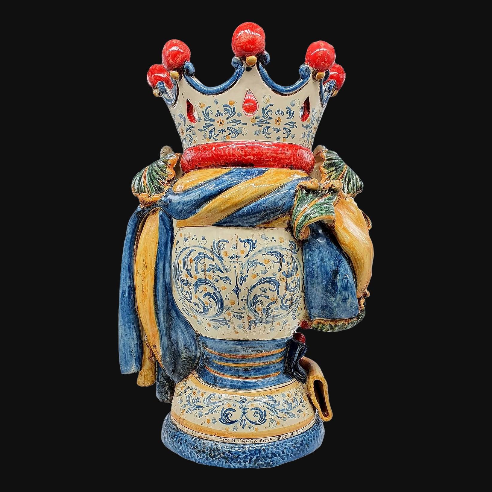 Handmade Teste di Moro ceramic vase with crown, blue and yellow drapery, traditional Sicilian design