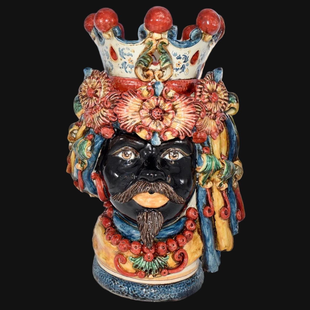 Handmade Teste di Moro ceramic vase with crown, floral headdress, and vibrant colors, blending tradition and modern design.