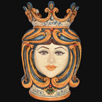 Handmade Teste di Moro ceramic vase with crown, vibrant blue and orange swirls, traditional Sicilian design