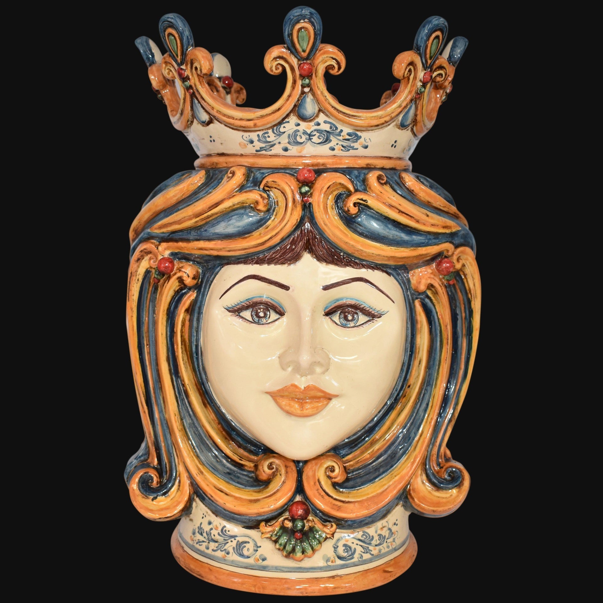 Handmade Teste di Moro ceramic vase with crown, vibrant blue and orange swirls, traditional Sicilian design
