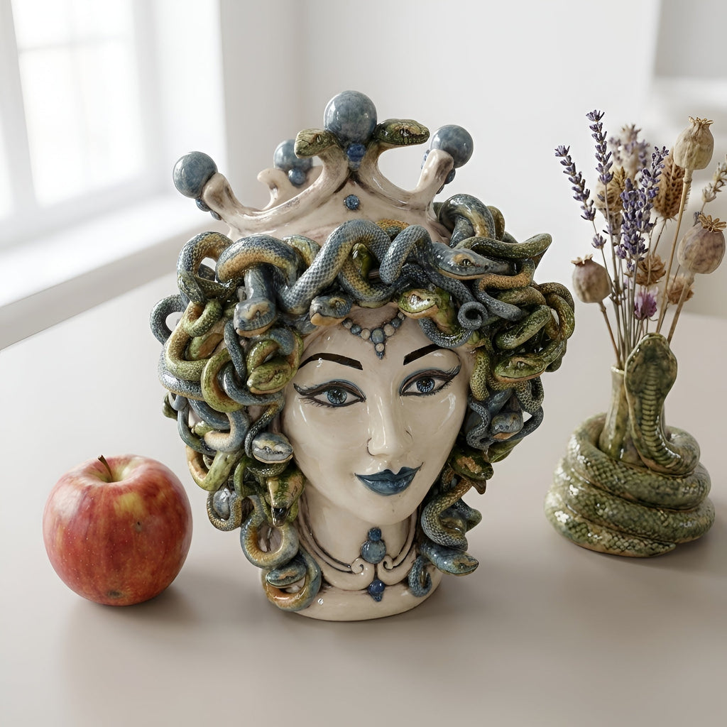 Medusenkopf H 30 cm — Antik Perlmutt, Blaue Perlen | Caltagirone-Keramik