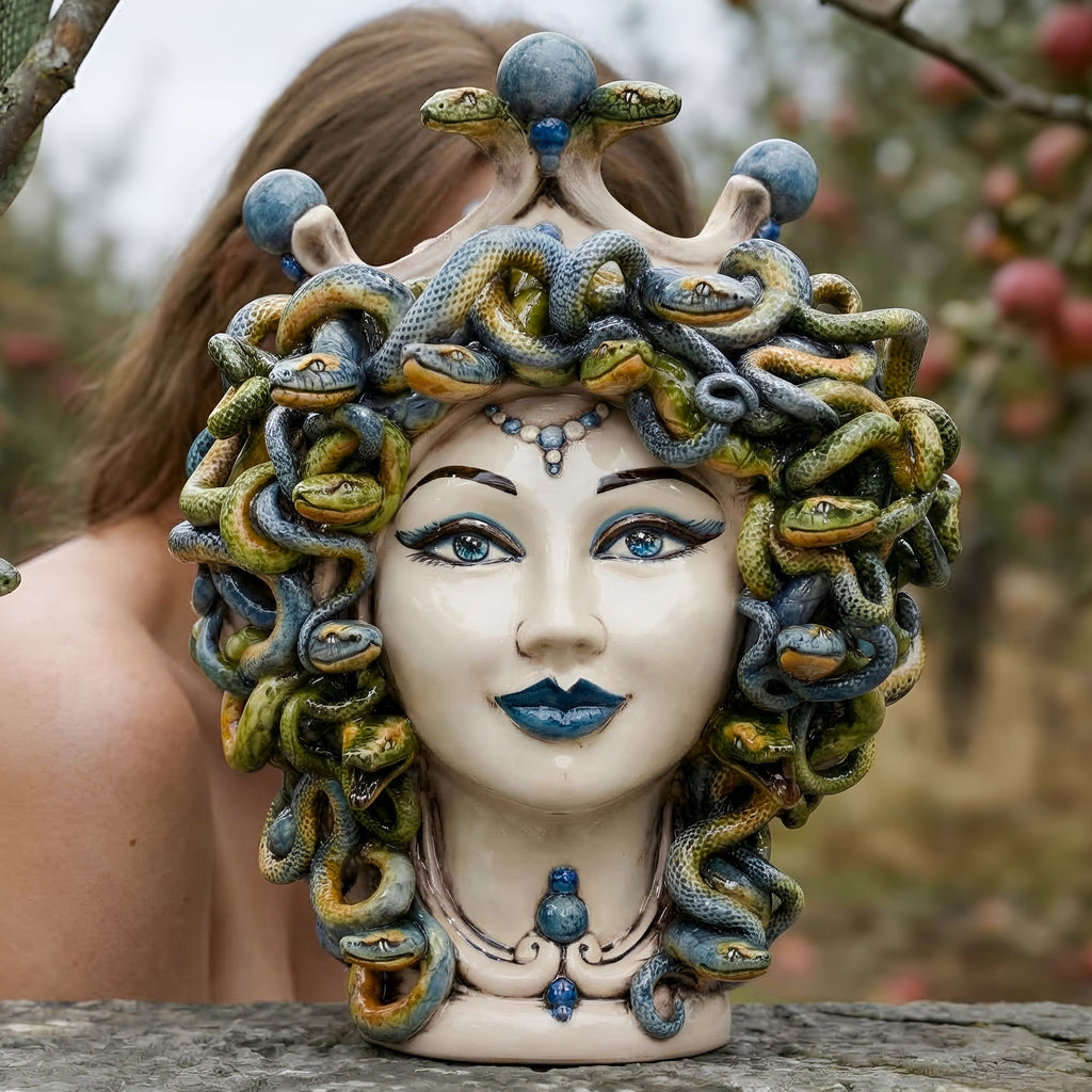 Medusenkopf H 30 cm — Antik Perlmutt, Blaue Perlen | Caltagirone-Keramik