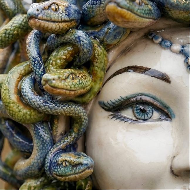 Medusenkopf H 30 cm — Antik Perlmutt, Blaue Perlen | Caltagirone-Keramik