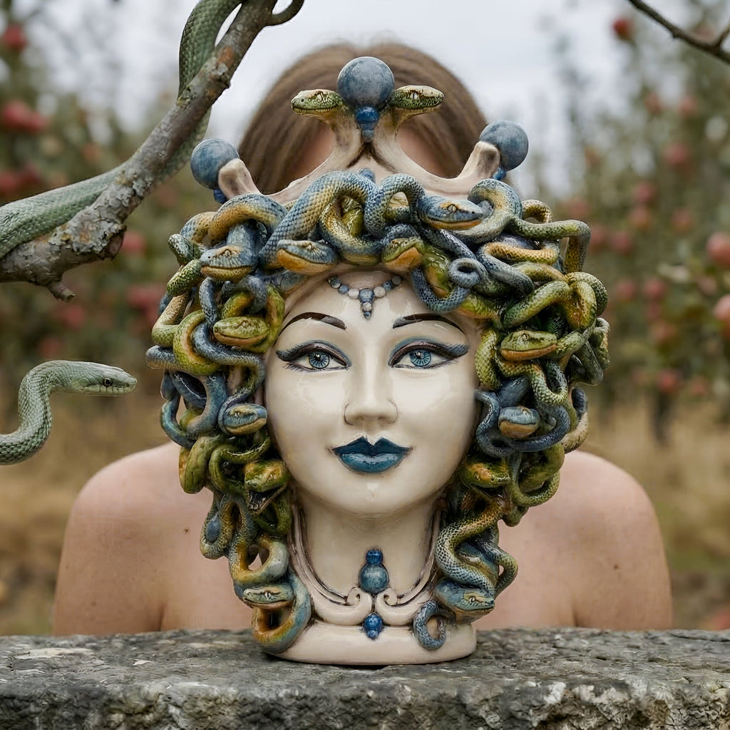 Medusenkopf H 30 cm — Antik Perlmutt, Blaue Perlen | Caltagirone-Keramik