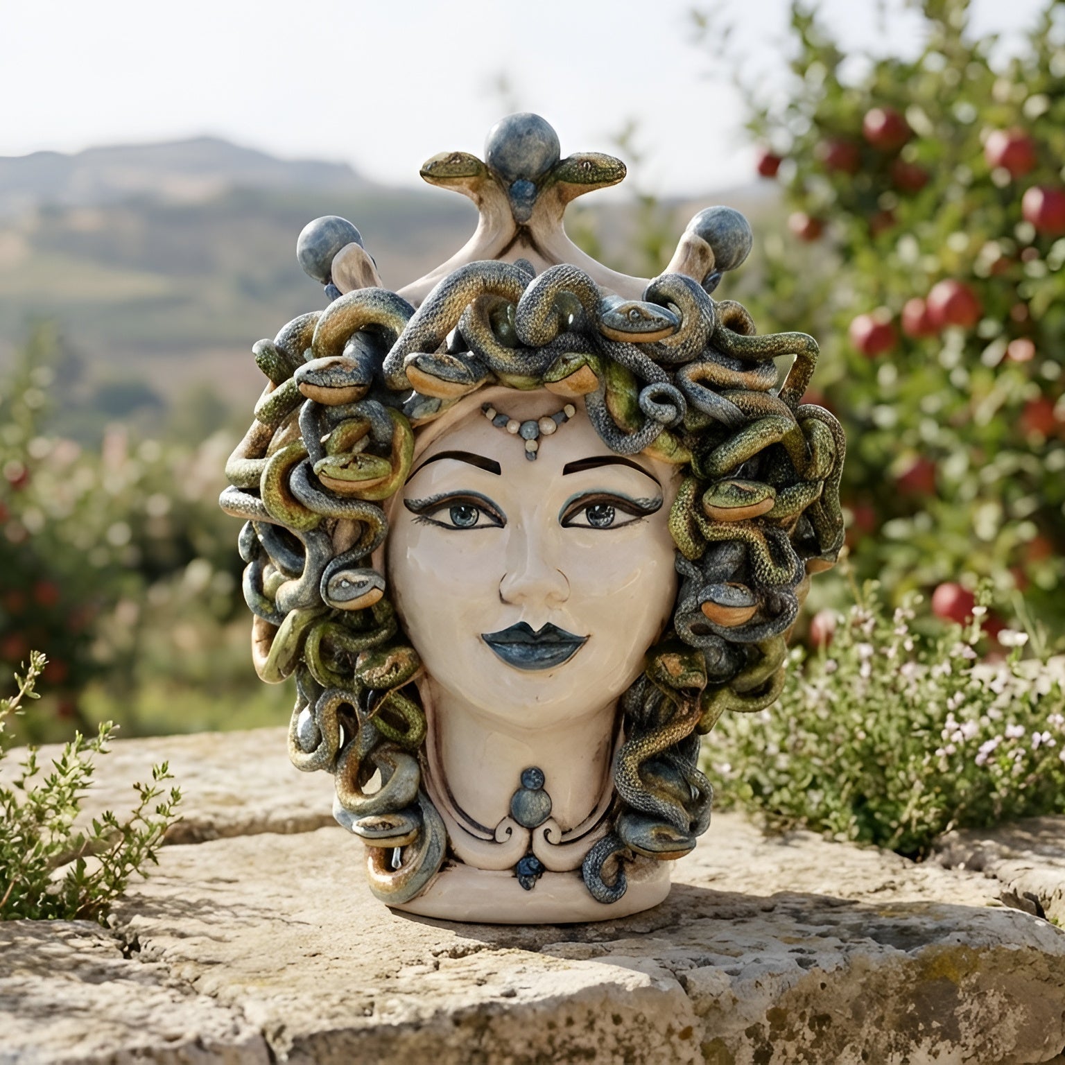 Medusenkopf H 30 cm — Antik Perlmutt, Blaue Perlen | Caltagirone-Keramik