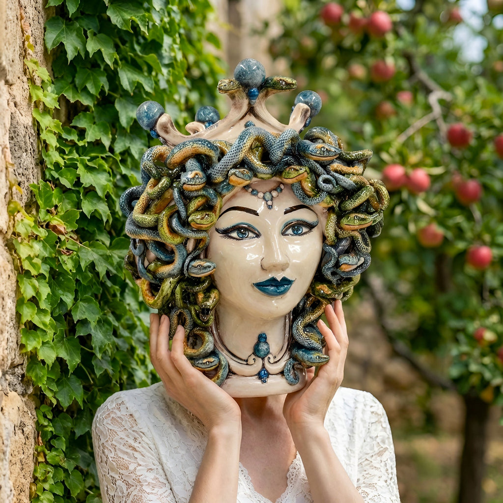 Medusenkopf H 30 cm — Antik Perlmutt, Blaue Perlen | Caltagirone-Keramik